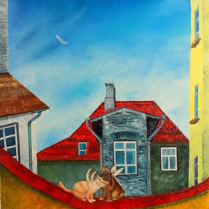 картина, живопись, старый город, кот и пес
